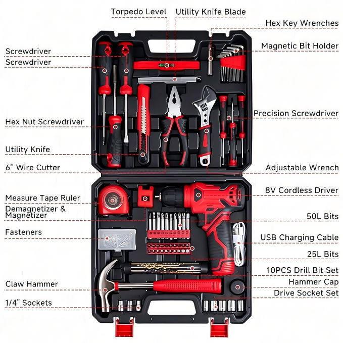 Household Drill & Hand Tool Combo Kit in Carry Case
