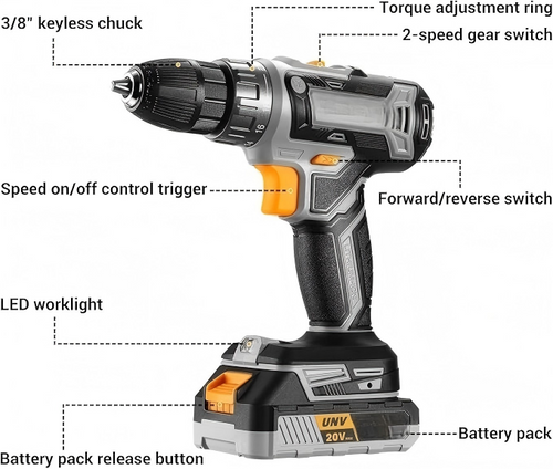 20V Cordless Drill Set with Bits and Charger