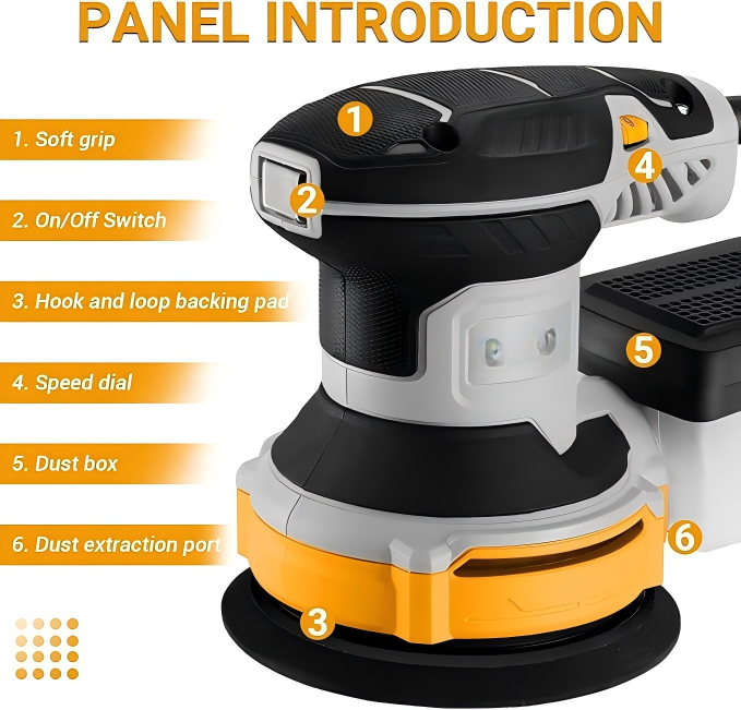 Compact Electric Random Orbital Sander with Sanding Discs