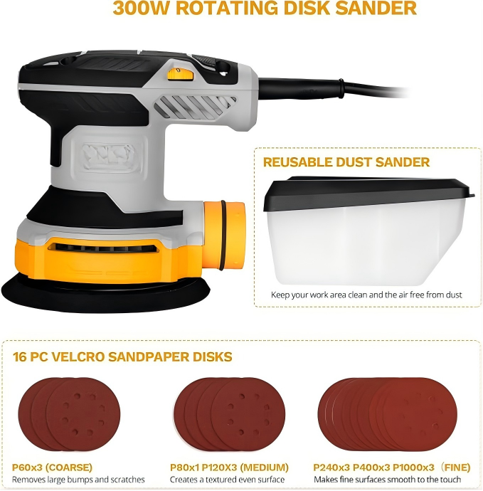 Compact Electric Random Orbital Sander with Sanding Discs