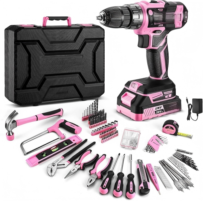 Pink Drill and Home Tool Set with Hard Storage Case