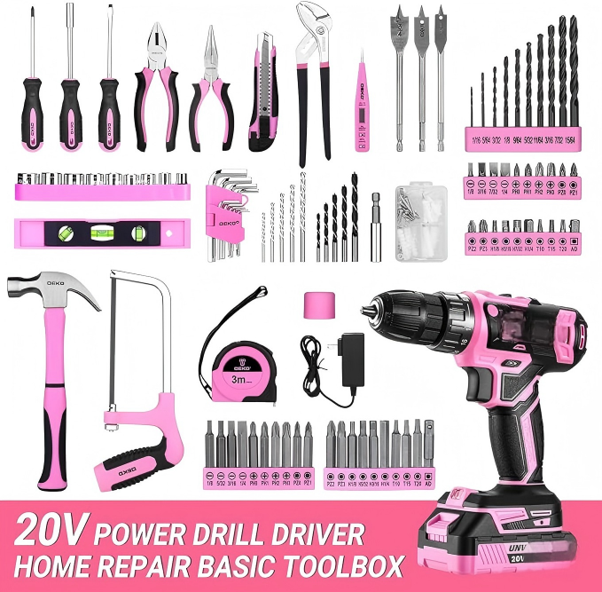 Pink Drill and Home Tool Set with Hard Storage Case