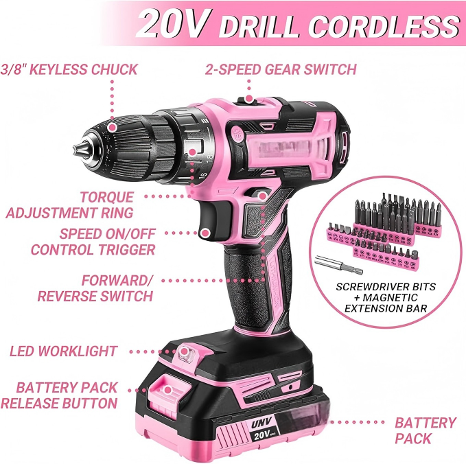 Pink Drill and Home Tool Set with Hard Storage Case