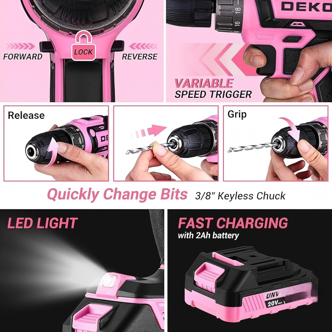 Pink Drill and Home Tool Set with Hard Storage Case