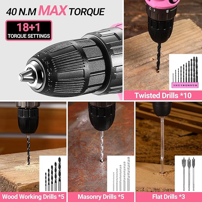 Pink Drill and Home Tool Set with Hard Storage Case