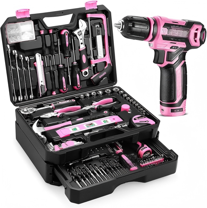 Pink Drawer-Style Tool Kit with Drill and Socket Accessories