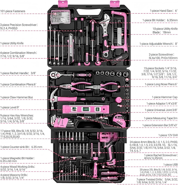 Pink Drawer-Style Tool Kit with Drill and Socket Accessories