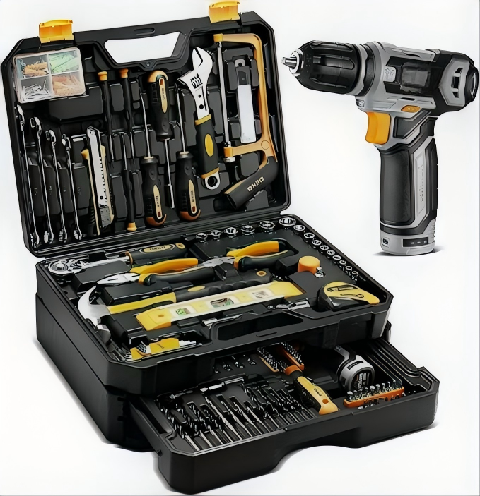 Yellow Drill and Home Tool Kit with Organized Case