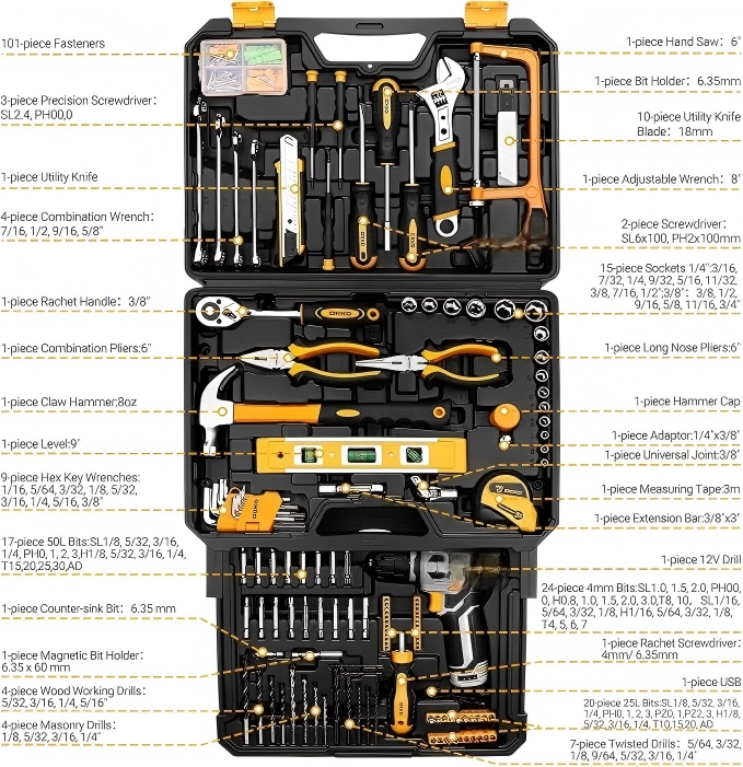 Yellow Drill and Home Tool Kit with Organized Case