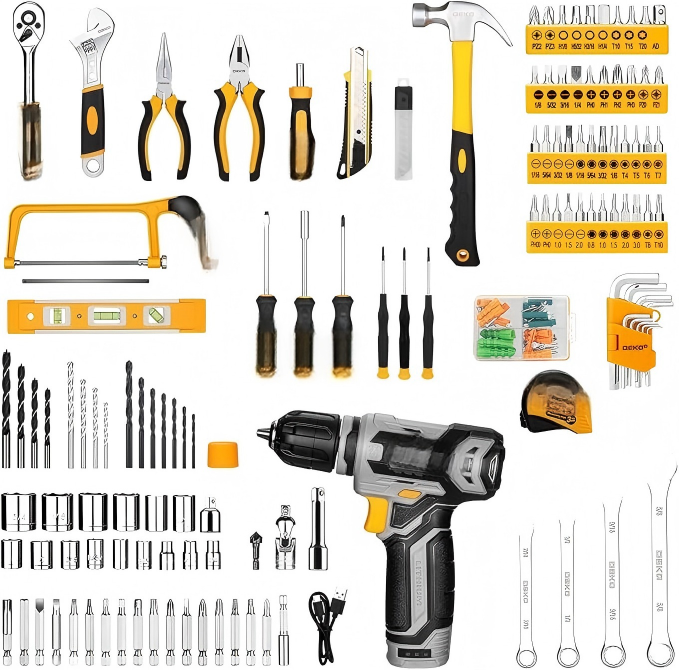 Yellow Drill and Home Tool Kit with Organized Case