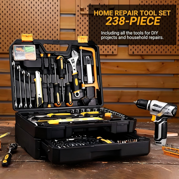 Yellow Drill and Home Tool Kit with Organized Case