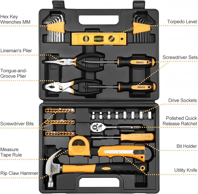 Home Repair Tool Kit with Level, Hammer, Pliers, and Bit Set