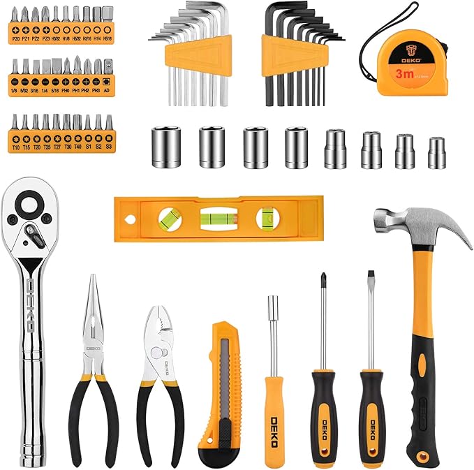 Home Repair Tool Kit with Level, Hammer, Pliers, and Bit Set