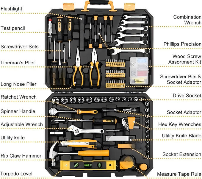Large Black and Yellow Tool Kit with Socket and Wrench Selection