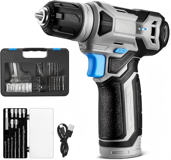 Compact Cordless Drill Kit with Bit Case and USB Charging Cabl