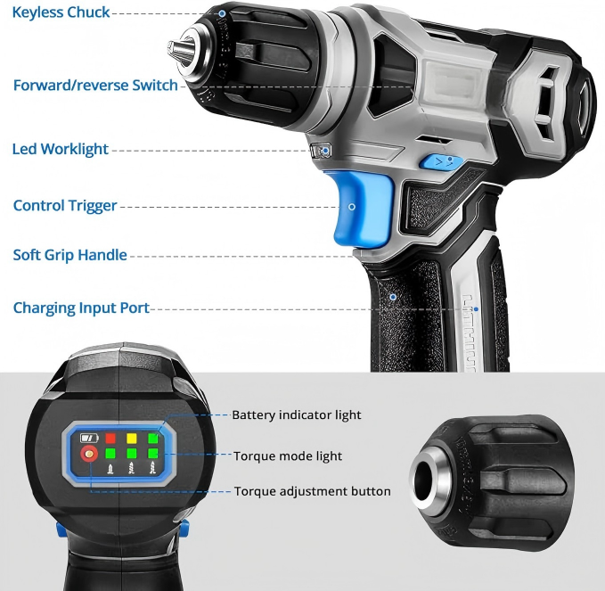 Compact Cordless Drill Kit with Bit Case and USB Charging Cabl
