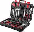 Red and Black Household Tool Kit with Ratchet, Sockets, and Hand Tools