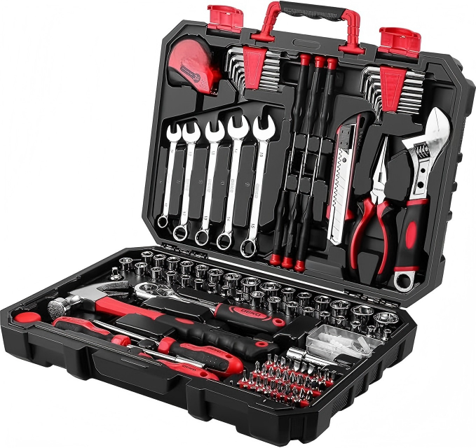 Red and Black Household Tool Kit with Ratchet, Sockets, and Hand Tools