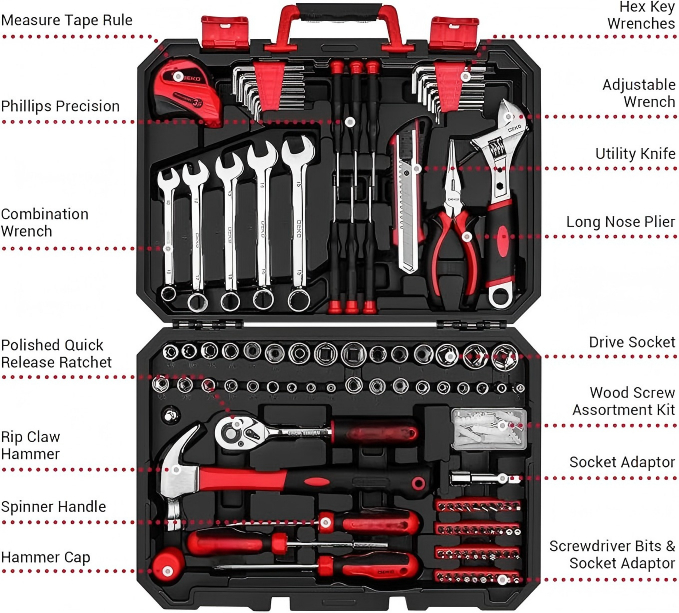 Red and Black Household Tool Kit with Ratchet, Sockets, and Hand Tools