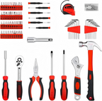 Red and Black Household Tool Kit with Ratchet, Sockets, and Hand Tools