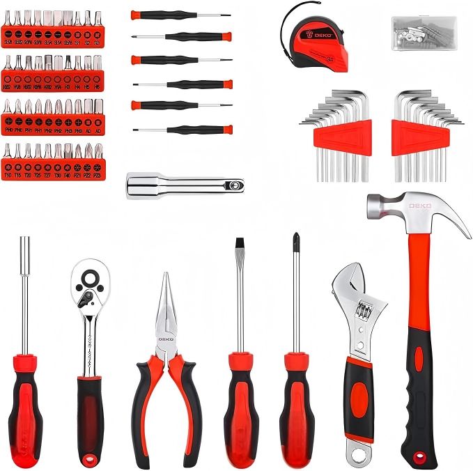 Red and Black Household Tool Kit with Ratchet, Sockets, and Hand Tools